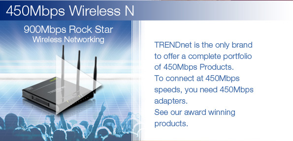 TRENDnet is the only brand to offer a complete portfolio of 450Mbps Products. To connect at 450Mbps speeds, you need 450Mbps adapters. See our award winning products.