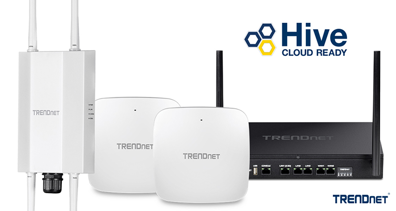 A set of TRENDnet networking devices, including two white Wi-Fi access points, one outdoor wireless access point with two antennas, and a black router with multiple LAN ports. The image includes the 'Hive Cloud Ready' logo in the top right corner.