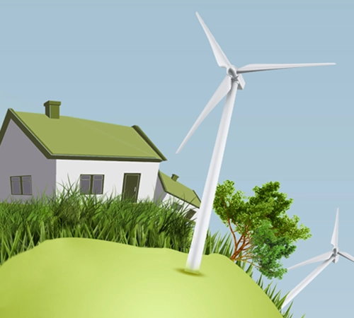 A cartoon image of a house behind tall grass, with a tree and two wind turbines.