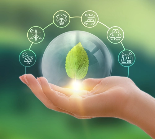 A hand holding a leaf inside a round bubble, surrounded by various logos representing natural resources.