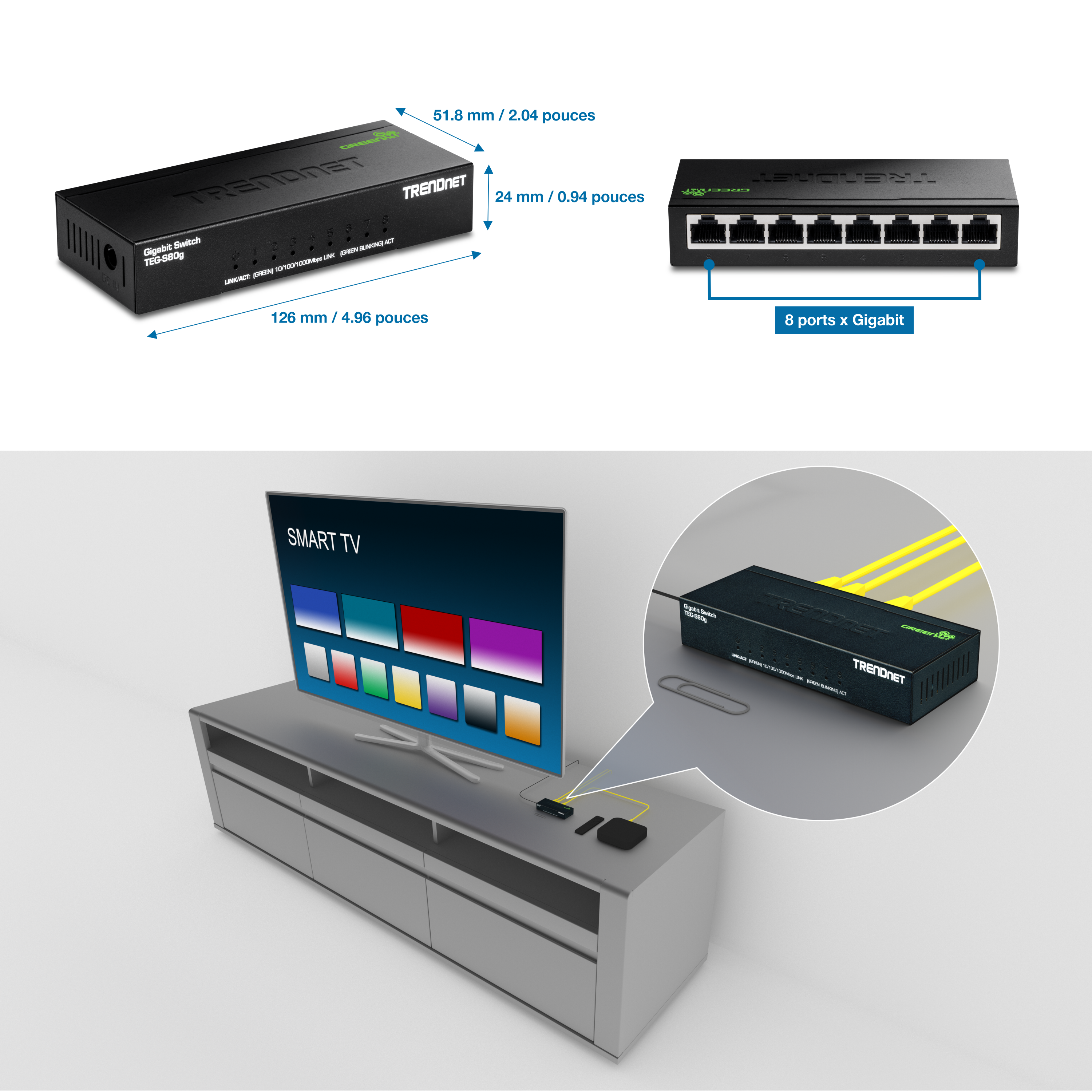 Un commutateur Gigabit TRENDnet modèle TEG-S82g avec des dimensions de 126 mm x 51,8 mm x 24 mm. Il dispose de 8 ports Gigabit. Ci-dessous, le commutateur est connecté à un téléviseur intelligent et à d’autres appareils sur une console multimédia, mis en évidence par une vue rapprochée montrant son emplacement et ses connexions.