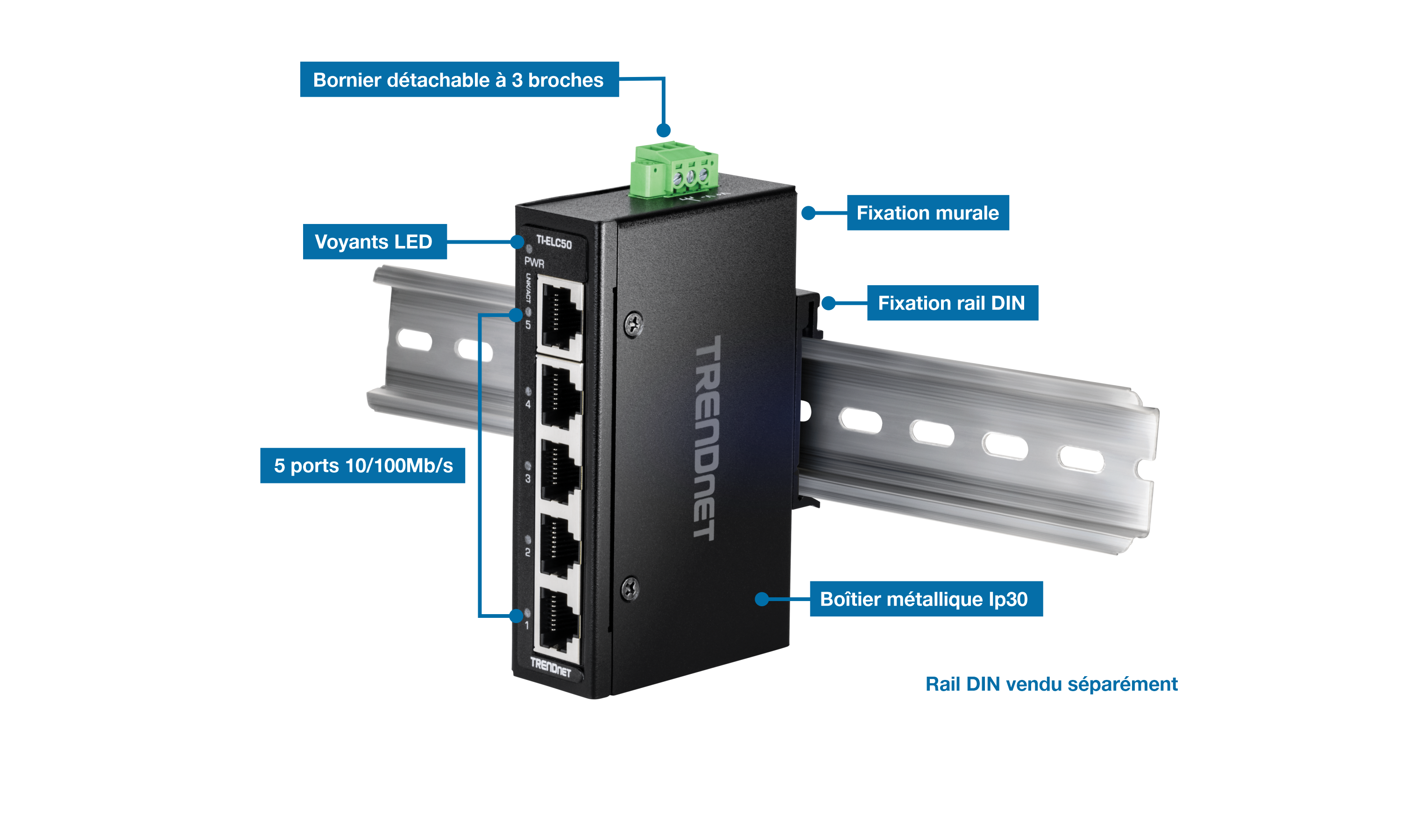 Le visuel représente le mini-commutateur industriel Fast Ethernet à 5 ports sur rail DIN, sur un rail DIN. Il est étiqueté avec un bornier amovible à 3 broches, des indicateurs LED, un support mural, un support sur rail DIN, cinq ports 10/100 Mbps et un boîtier métallique IP30. Une remarque indique que le rail DIN est vendu séparément.