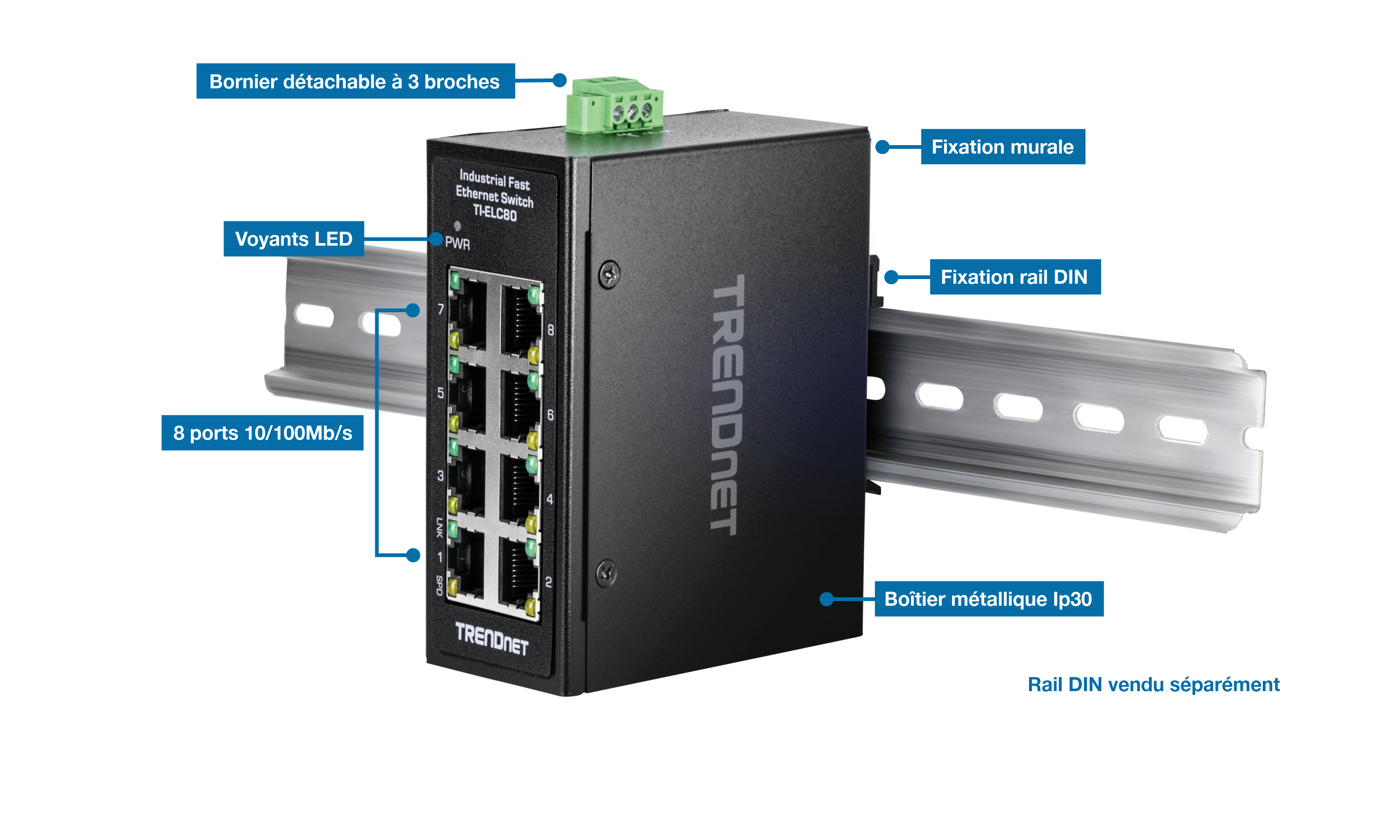 Le visuel représente le mini-commutateur industriel Fast Ethernet à 8 ports sur rail DIN, sur un rail DIN. Il est étiqueté avec un bornier amovible à 3 broches, des indicateurs LED, un support mural, un support sur rail DIN, cinq ports 10/100 Mbps et un boîtier métallique IP30. Une remarque indique que le rail DIN est vendu séparément.