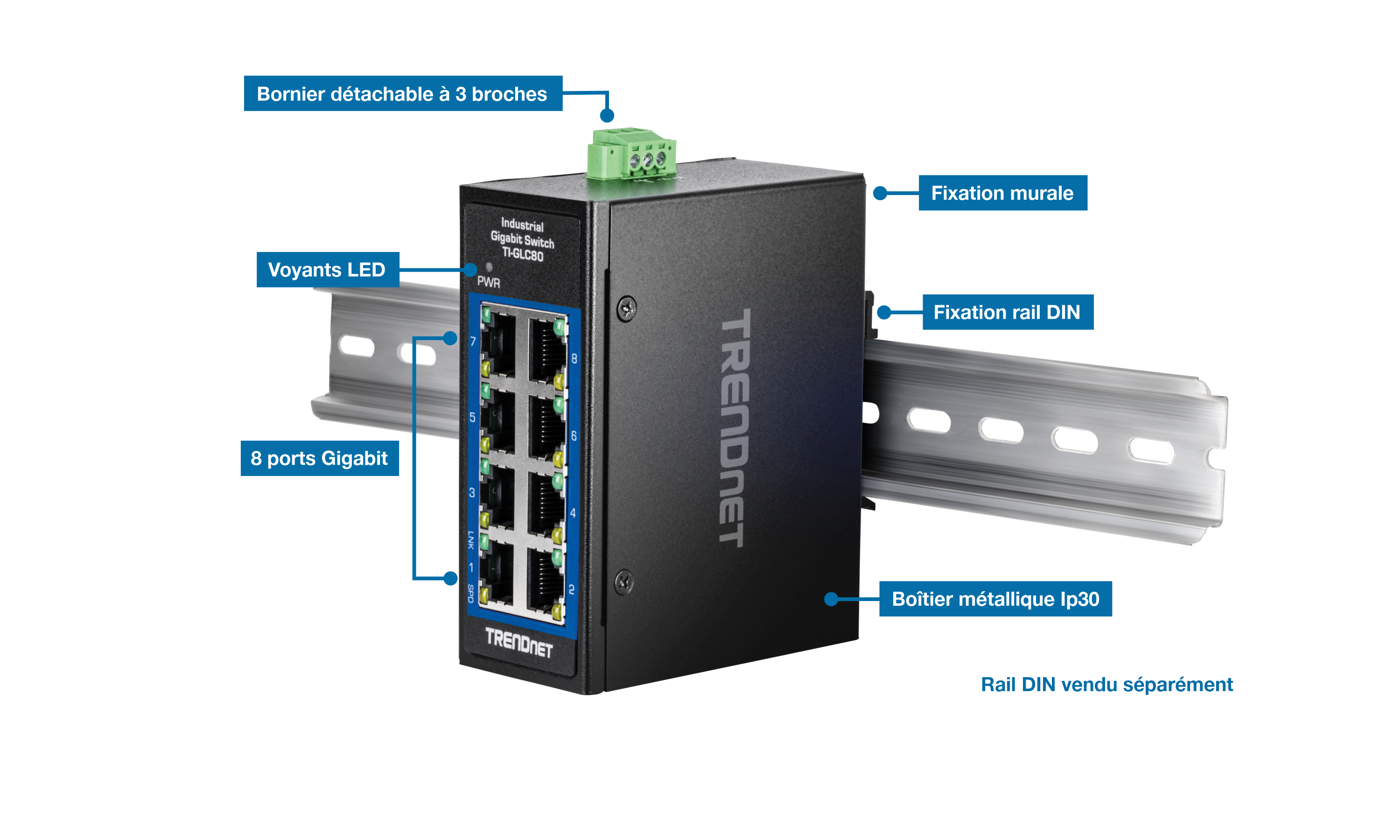 Le visuel montre une vue inclinée de la TI-GLC80 sur un rail DIN. Les étiquettes comprennent un bornier amovible à 3 broches, un support mural, des indicateurs LED, un support sur rail DIN, cinq ports Gigabit et un boîtier métallique IP30. Une remarque indique que le rail DIN est vendu séparément.