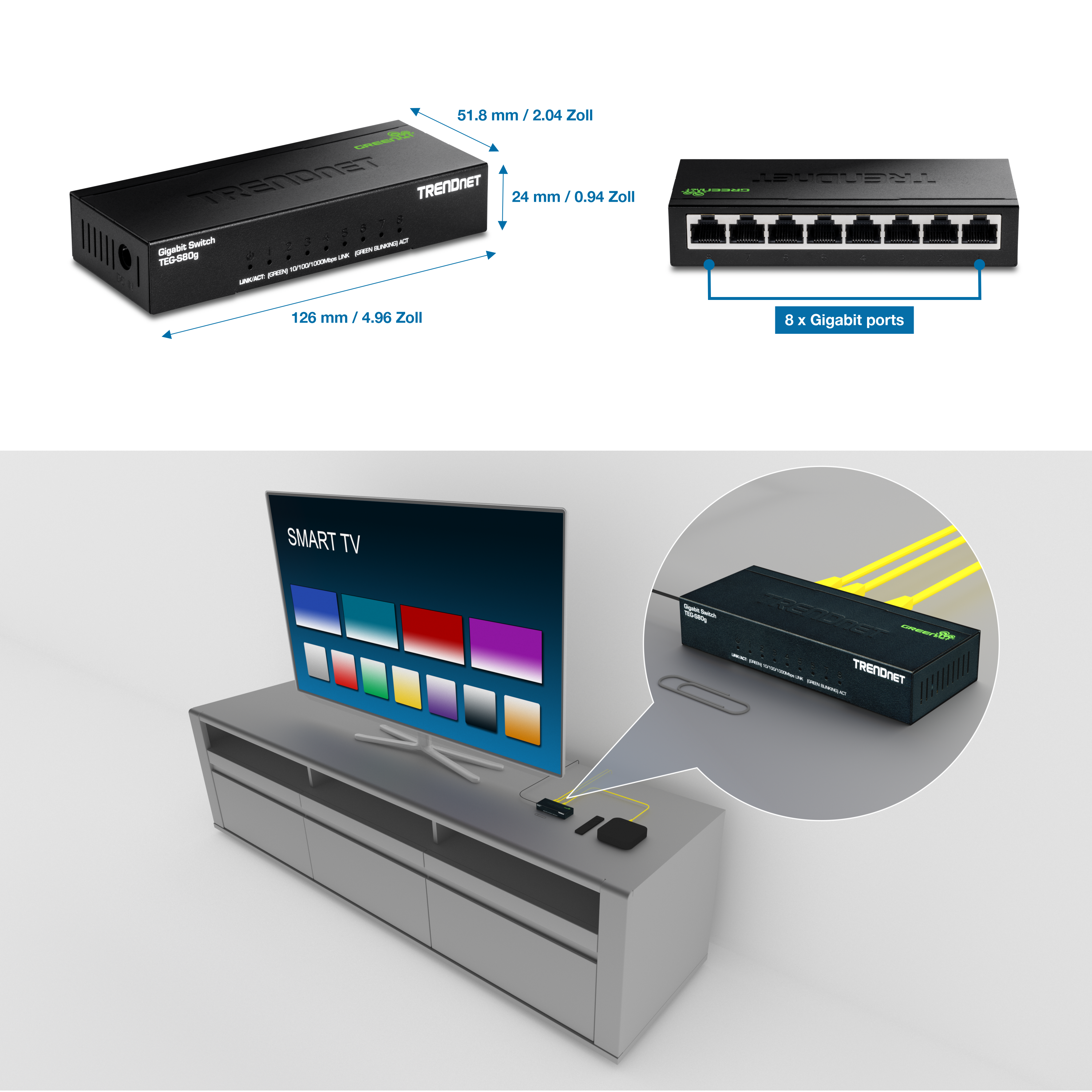 Ein TRENDnet Gigabit Switch Modell TEG-S82g mit Abmessungen von 126 mm x 51,8 mm x 24 mm. Es verfügt über 8 Gigabit-Ports. Unten ist der Switch mit einem Smart-TV und anderen Geräten auf einer Medienkonsole verbunden, hervorgehoben mit einer Nahaufnahme, die seine Platzierung und Verbindungen zeigt.