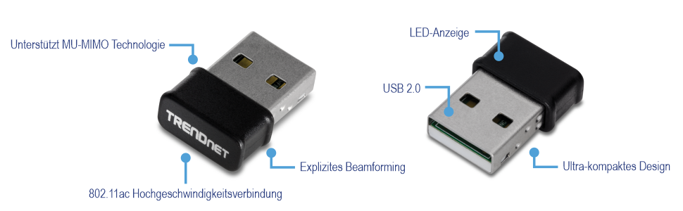 Ein TRENDnet USB-Gerät, das die MU-MIMO-Technologie unterstützt, Hochgeschwindigkeits-802.11ac-Konnektivität bietet, explizites Beamforming bietet und über eine USB 2.0-Schnittstelle, eine LED-Anzeige und ein ultrakompaktes Design verfügt.