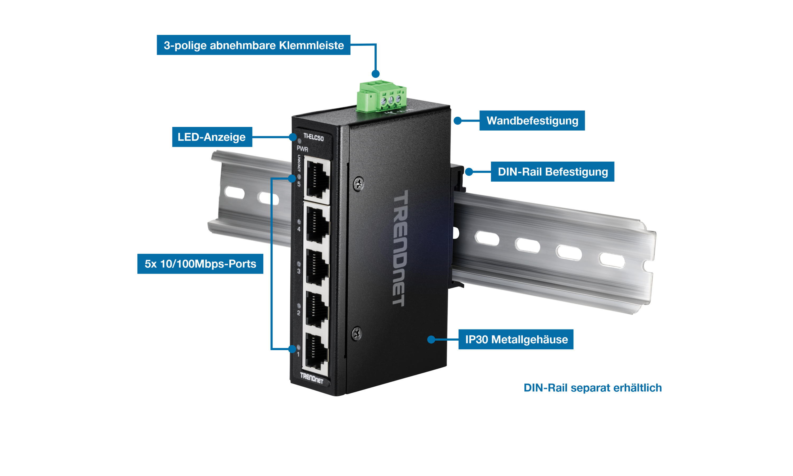 Das Bild zeigt den 5-Port Industrial Fast Ethernet DIN-Rail Mini Switch auf einer DIN-Schiene. Es ist mit einem 3-poligen abnehmbaren Klemmenblock, LED-Anzeigen, einer Wandhalterung, einer DIN-Schienenhalterung, fünf 10/100-Mbit/s-Anschlüssen und einem IP30-Metallgehäuse gekennzeichnet. Ein Hinweis weist darauf hin, dass die DIN-Schiene separat erhältlich ist.