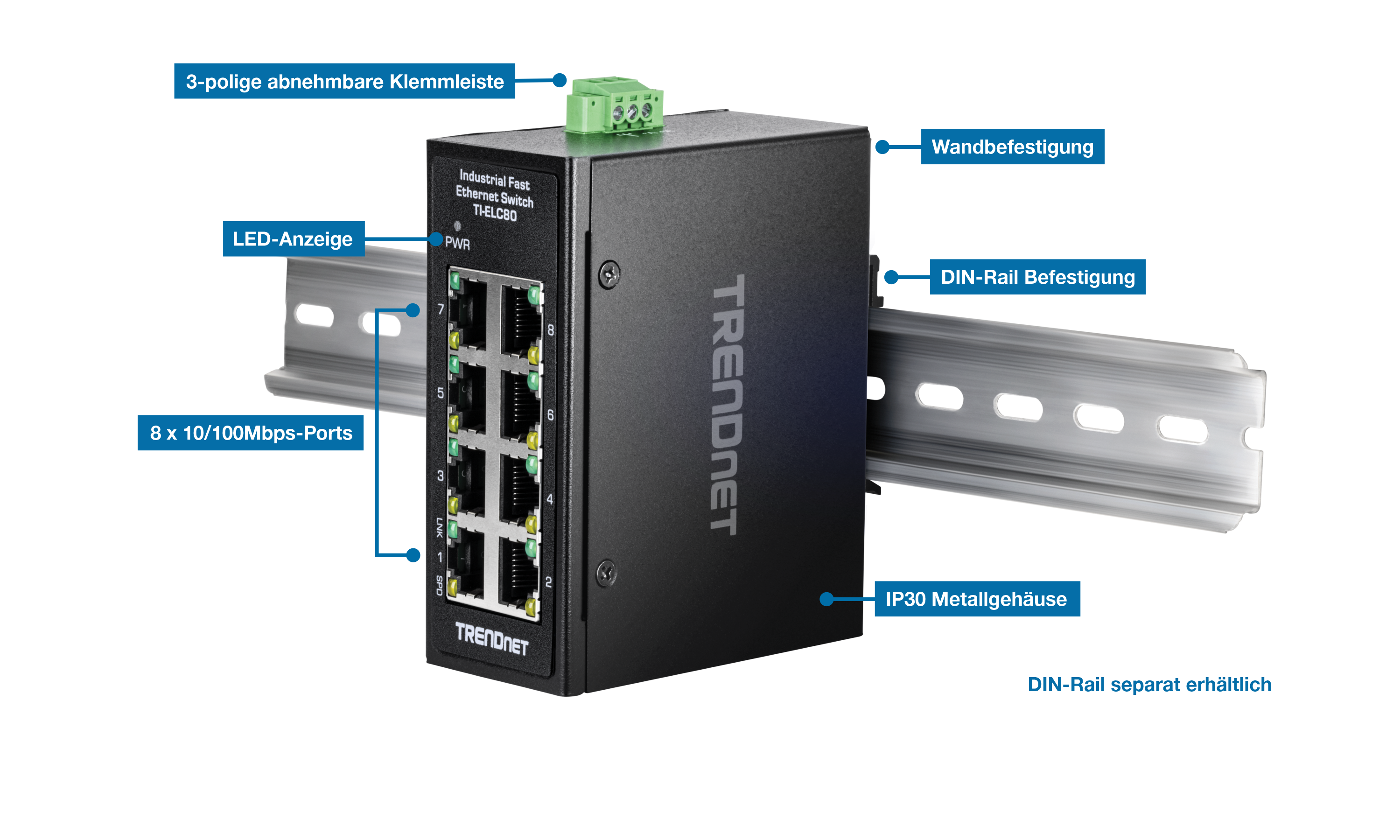 Das Bild zeigt den 8-Port Industrial Fast Ethernet DIN-Rail Mini Switch auf einer DIN-Schiene. Es ist mit einem 3-poligen abnehmbaren Klemmenblock, LED-Anzeigen, einer Wandhalterung, einer DIN-Schienenhalterung, fünf 10/100-Mbit/s-Anschlüssen und einem IP30-Metallgehäuse gekennzeichnet. Ein Hinweis weist darauf hin, dass die DIN-Schiene separat erhältlich ist.