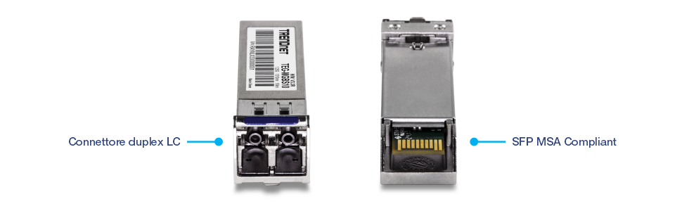 Due viste di un modulo ricetrasmettitore SFP (Small Form-factor Pluggable) a marchio TRENDnet. Il lato sinistro mostra la vista frontale con un connettore duplex LC, mentre il lato destro mostra la vista posteriore che indica la conformità SFP MSA (Multi-Source Agreement).