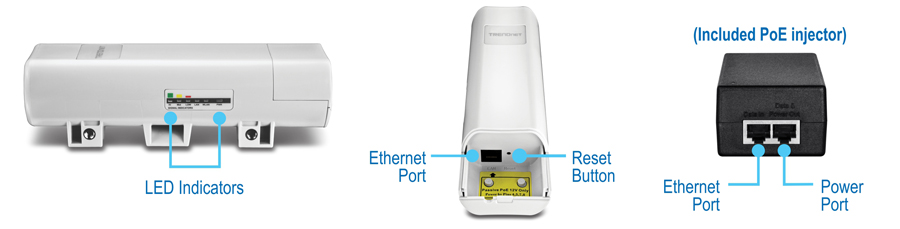 Multiple views of the 9 dBi Outdoor PoE Access Point TEW-730APO. On the left is a left side view with a label for LED Indicators. In the center is the front bottom view with labels for Ethernet Port and Reset Button. On the right is the bottom view of the included PoE injector with labels for Ethernet port and Power port.