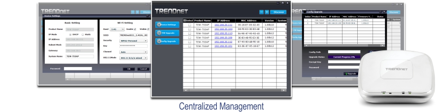 A series of screenshots from a TRENDnet software interface for centralized management of network devices, featuring sections for basic settings, Wi-Fi settings, and a table listing product names, IP addresses, MAC addresses, versions, and system statuses. The basic settings section allows IP address, gateway, and system name configuration, while the Wi-Fi settings include band, SSID, security, key, and channel options. A white TRENDnet device is displayed on the right side, with the text Centralized Management below the images.