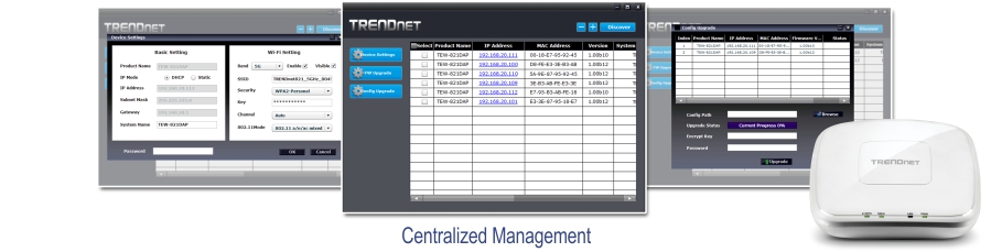 A centralized management system for TRENDnet devices with screenshots of the management interface and a physical TRENDnet device. The first screenshot shows basic settings and Wi-Fi settings, the second screenshot displays a table with product and system details, and the third screenshot shows a similar table with options for exporting and importing data. The physical device is white with indicator lights, and the text centralized management is below the images.