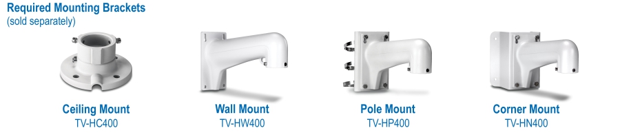 The illustration displays four types of required mounting brackets, which are sold separately. The brackets are labeled as Ceiling Mount TV-HC400, Wall Mount TV-HW400, Pole Mount TV-HP400, and Corner Mount TV-HN400. Each bracket is shown with a clear visual representation, highlighting their distinct designs and intended mounting positions.