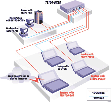 The diagram illustrates a network setup featuring various devices connected to a TE100-DX8E switch. The setup includes a server with a TE100-PCIA adapter, two workstations with TE100-PCIW and TE-PCI adapters, and five laptops with different network adapters: TE-210CT, TE100-PCBUS, TE100-PC16R, and TEM100-56R. The connections are color-coded to indicate network speeds, with red lines representing 100Mbps connections and blue lines representing 10Mbps connections. Additionally, one laptop is shown sending or receiving a fax or dialing to the Internet.