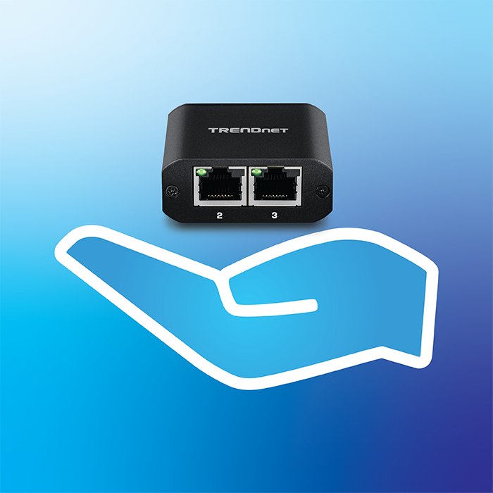 A hand emphasizing the small size of the Gigabit Splitter.