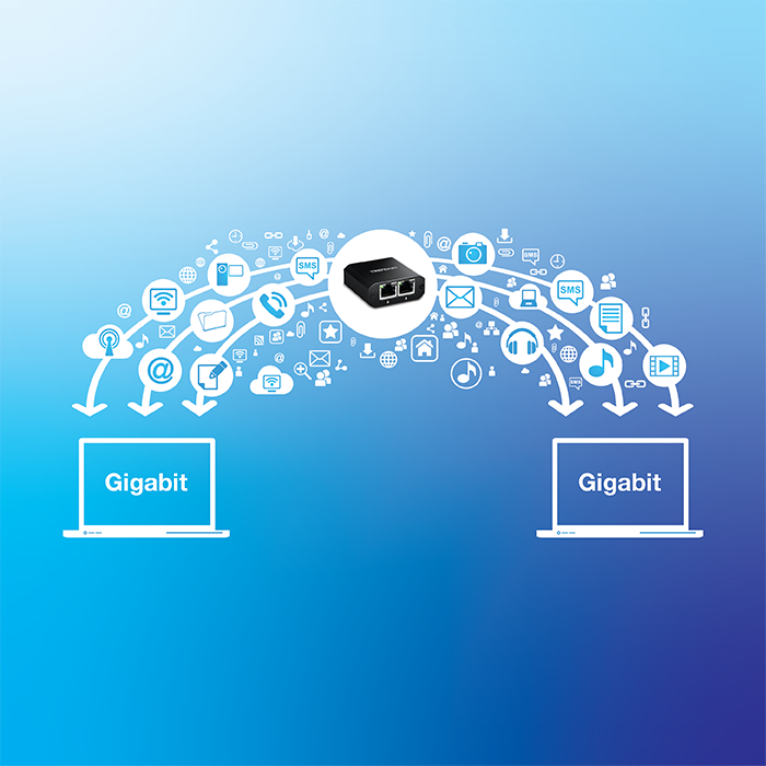 Uno splitter Gigabit collegato a un laptop e uno smartphone, con icone che rappresentano vari servizi digitali come e-mail, cloud storage e social media, tutti collegati da linee.