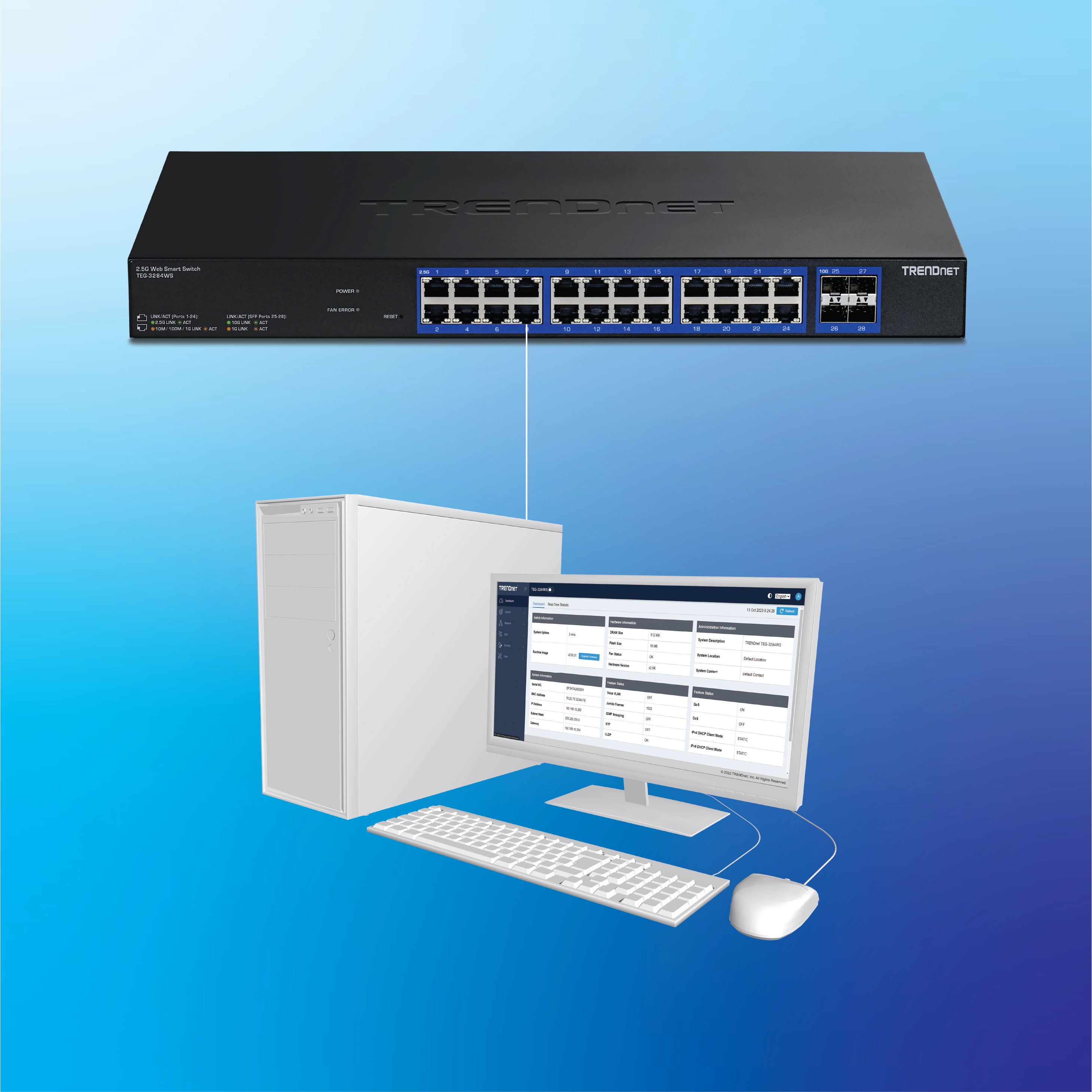 A network device, showing connection to a computer with GUI interface on screen.