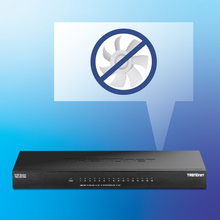 A black network switch with a sign that says 