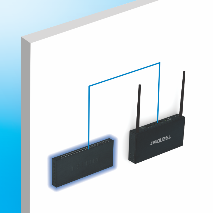 Diagrama mostrando um roteador sem fio e um switch com fio conectado a uma parede.