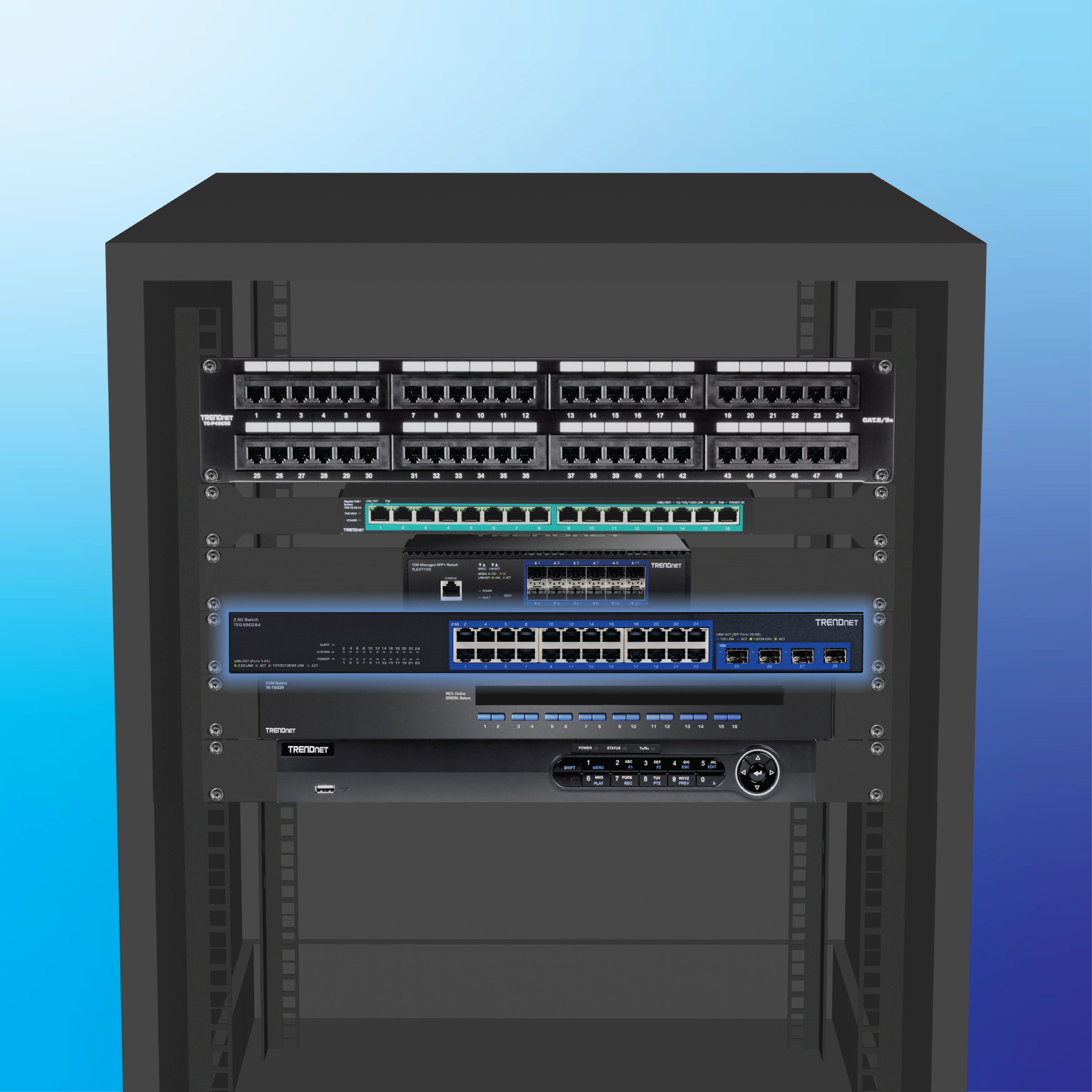 A server rack contains various network equipment. The rack includes multiple network switches and patch panels, all neatly organized and mounted. The equipment is labeled with the brand name TRENDnet, and several rows of Ethernet ports are visible. This setup is relevant for network management and IT infrastructure, showcasing an organized and efficient way to handle network connections.