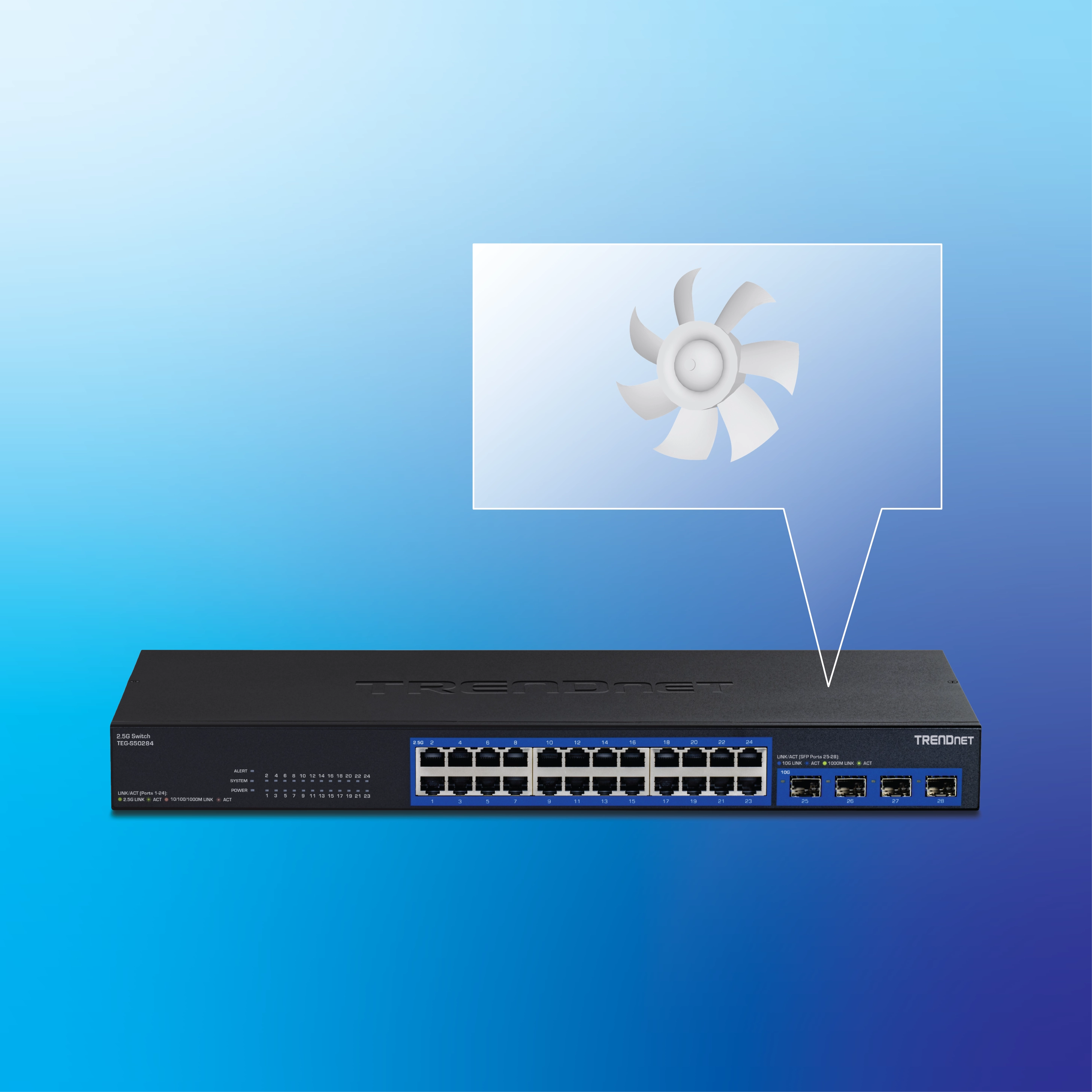 A black Trendnet 28-port network switch is displayed with 24 Ethernet ports and 4 additional ports on the right side. A magnified view of a cooling fan above the switch highlights the presence of internal cooling mechanisms. The switch includes the model number TEG-S50284 and other specifications.