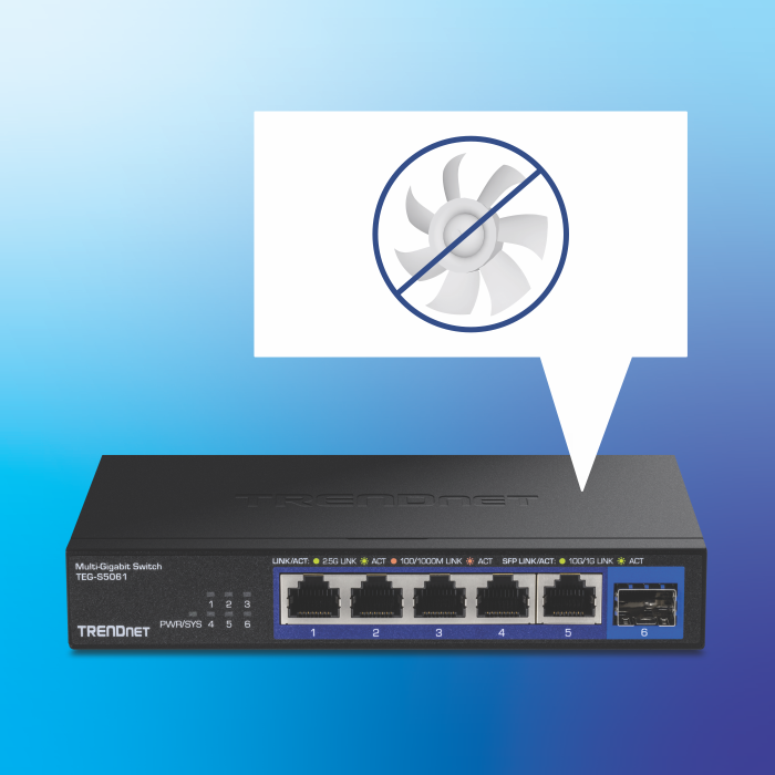 A 6-port network switch with a no fan symbol.