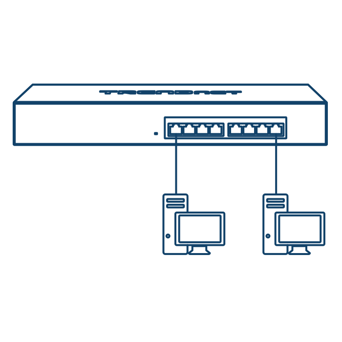 This illustration shows a network switch with two CPUs connected to it via lines.