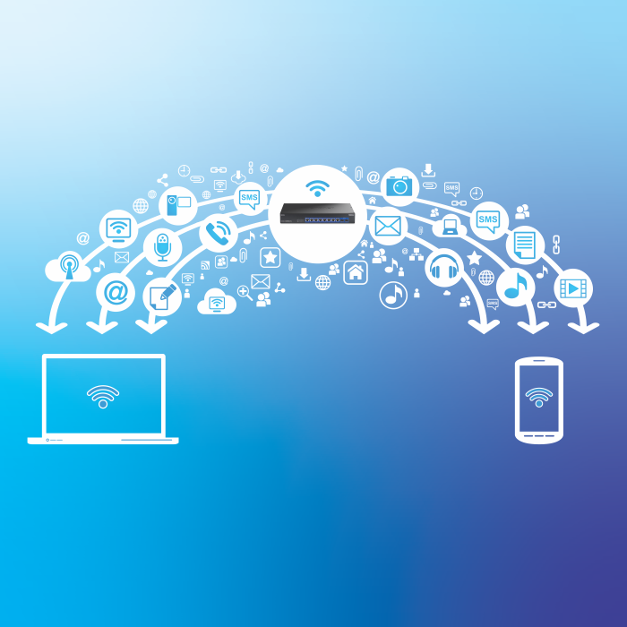 A network switch connected to a laptop and smartphone, with icons representing various digital services like email, cloud storage, and social media, all linked by lines.