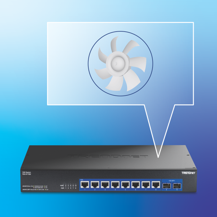 A 10-port network switch with a no fan symbol.