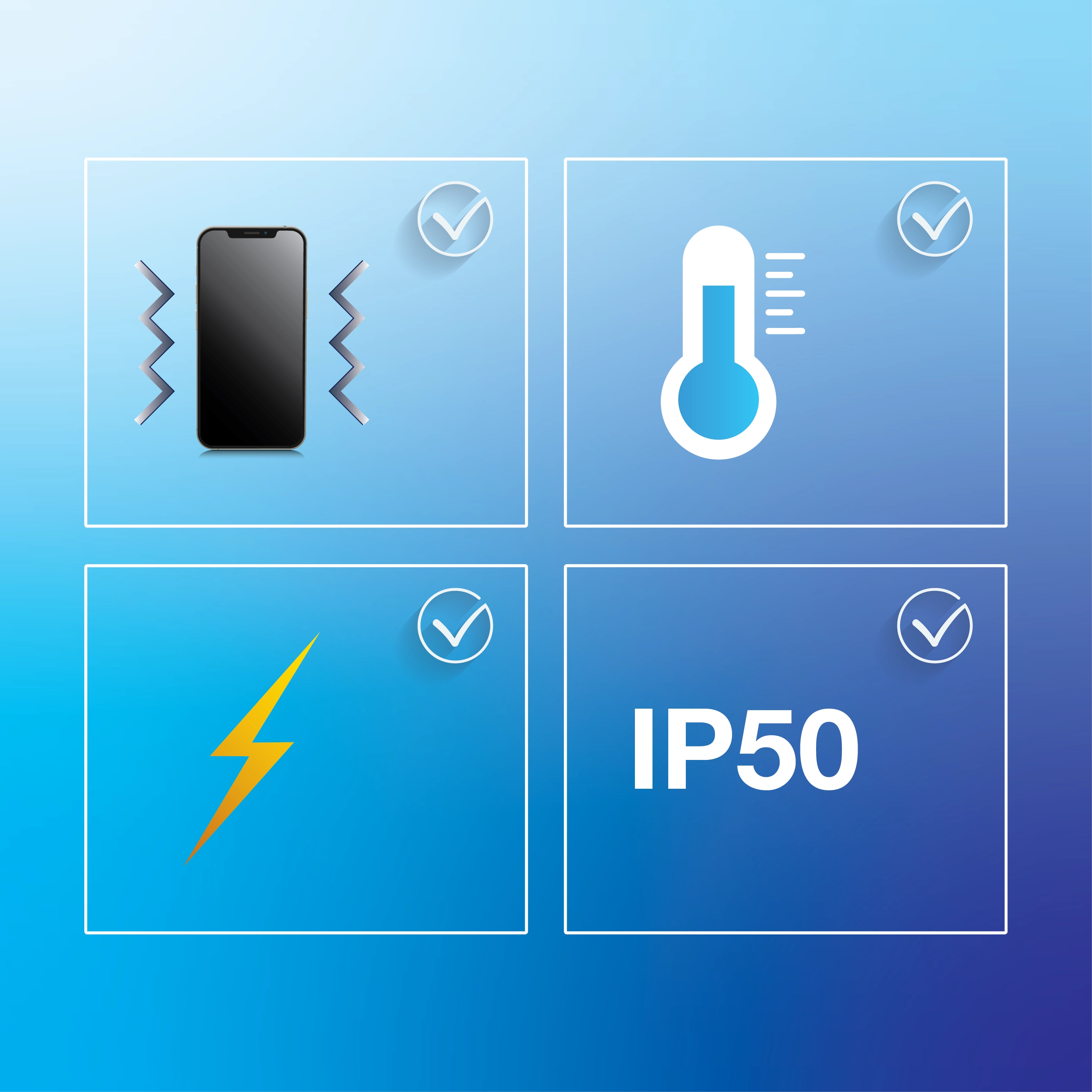 icons of phone, temperature, lightning & IP50.