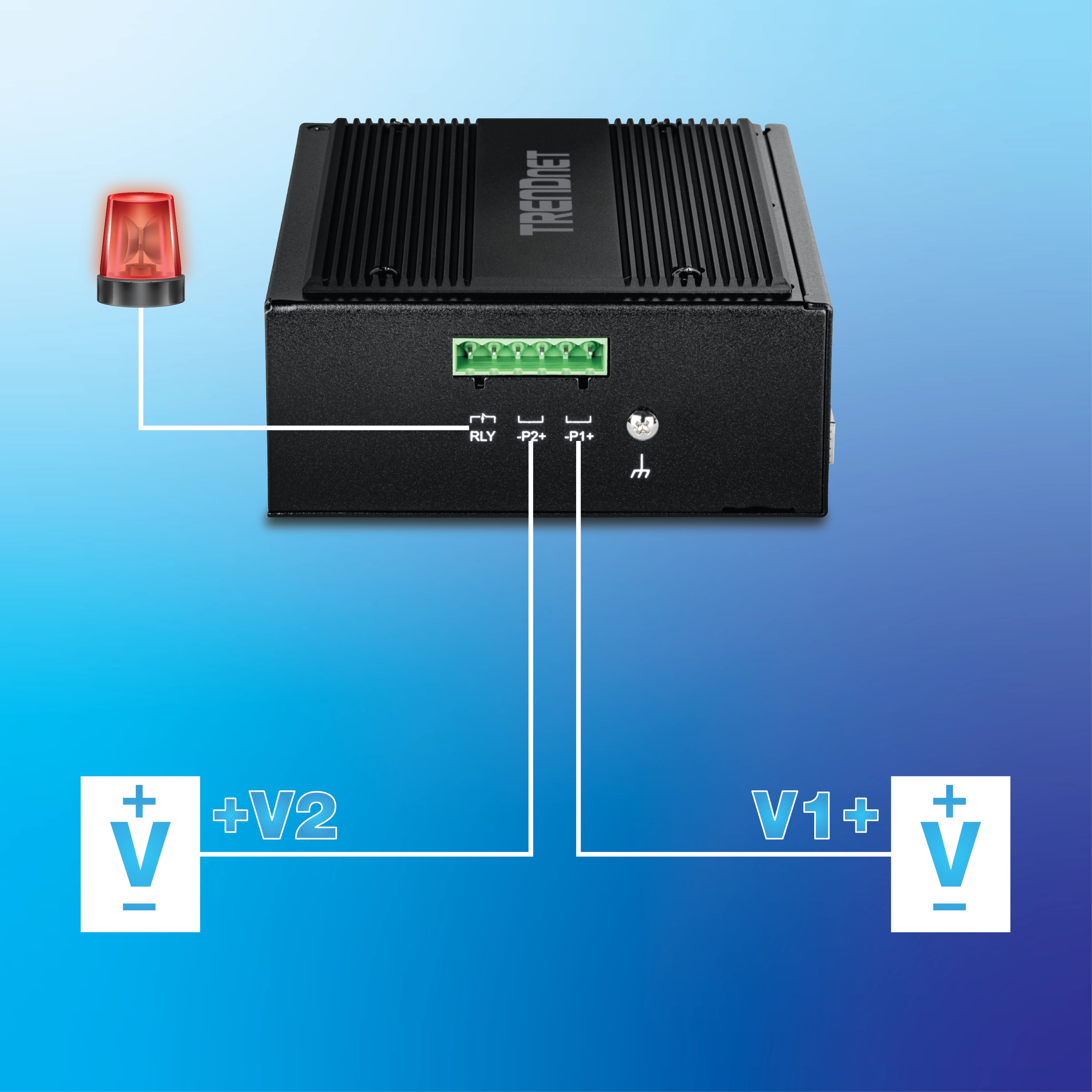 Back view of 10-Port Industrial Gigabit 400W PoE++ DIN-Rail Switch with a green terminal block, featuring labeled connections for RLY, P2+, P1+, and ground. A red light is connected to the RLY terminal, and two power sources labeled V2+ and V1+ are connected to the P2+ and P1+ terminals.