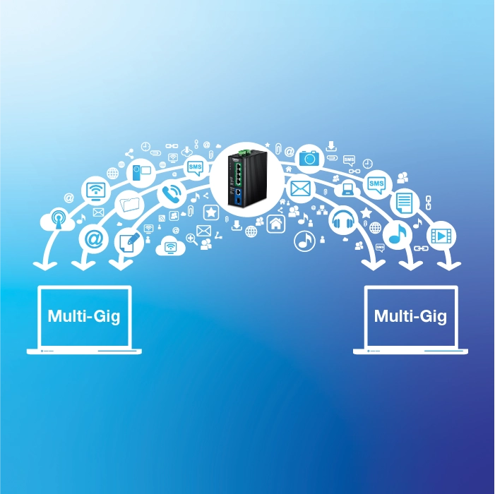 Un commutateur de réseau central équipé de huit ports Ethernet 2,5G et d’un port SFP+ 10G, connecté à deux ordinateurs portables étiquetés Multi-Gig, avec des icônes représentant les données et les communications telles que les e-mails, les SMS, la musique et les fichiers circulant efficacement sur le réseau haut débit.