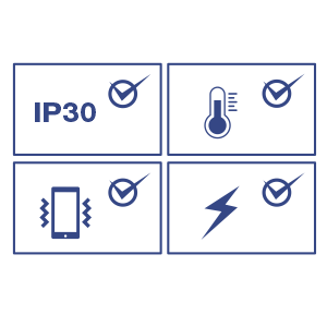 Graphic with four icons: vibration, temperature, shock, and IP30 rating.