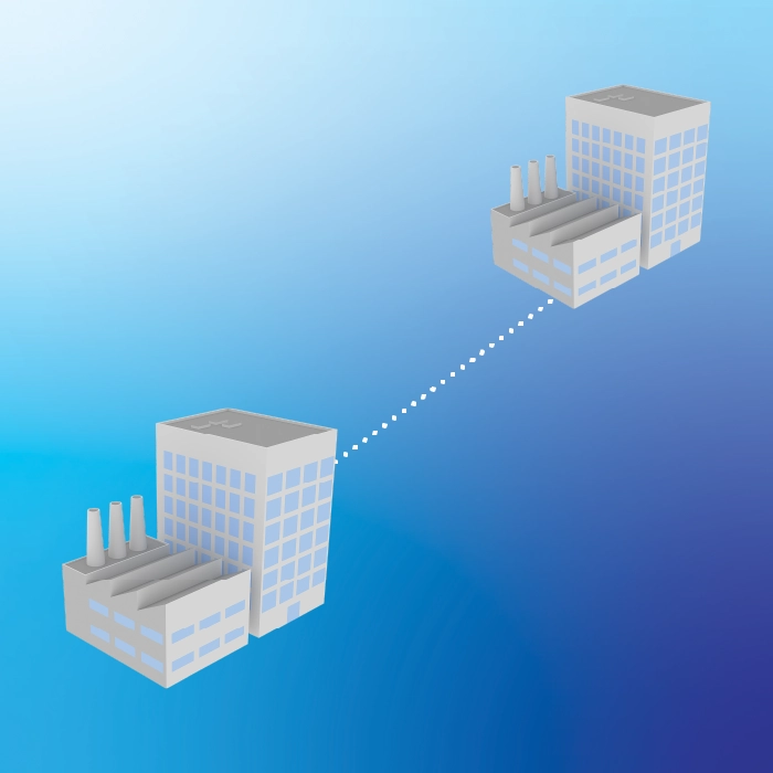 Two modern buildings are linked by a dotted line, illustrating a gigabit multi-mode fiber connection over distances up to 1km.