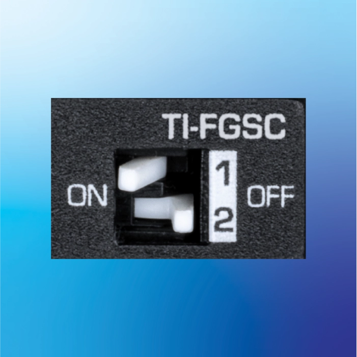 A close-up of a front panel DIP switch shows labeled positions for quick toggling between switch/converter modes and enabling or disabling Link Fault Pass Through LFPT.