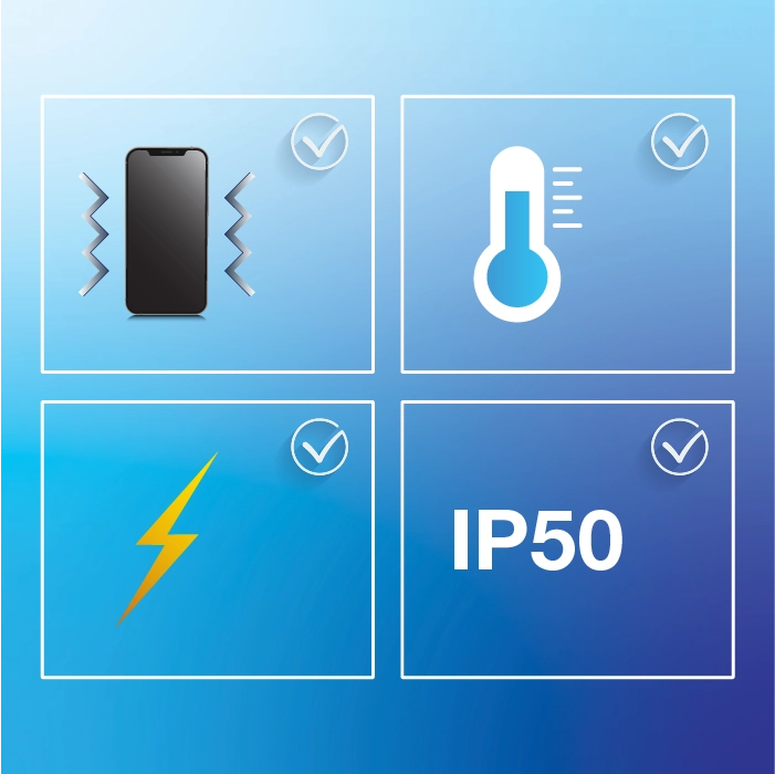 Four icons with checkmarks indicate shock and vibration resistance, temperature range compliance, surge protection, and dust ingress protection.