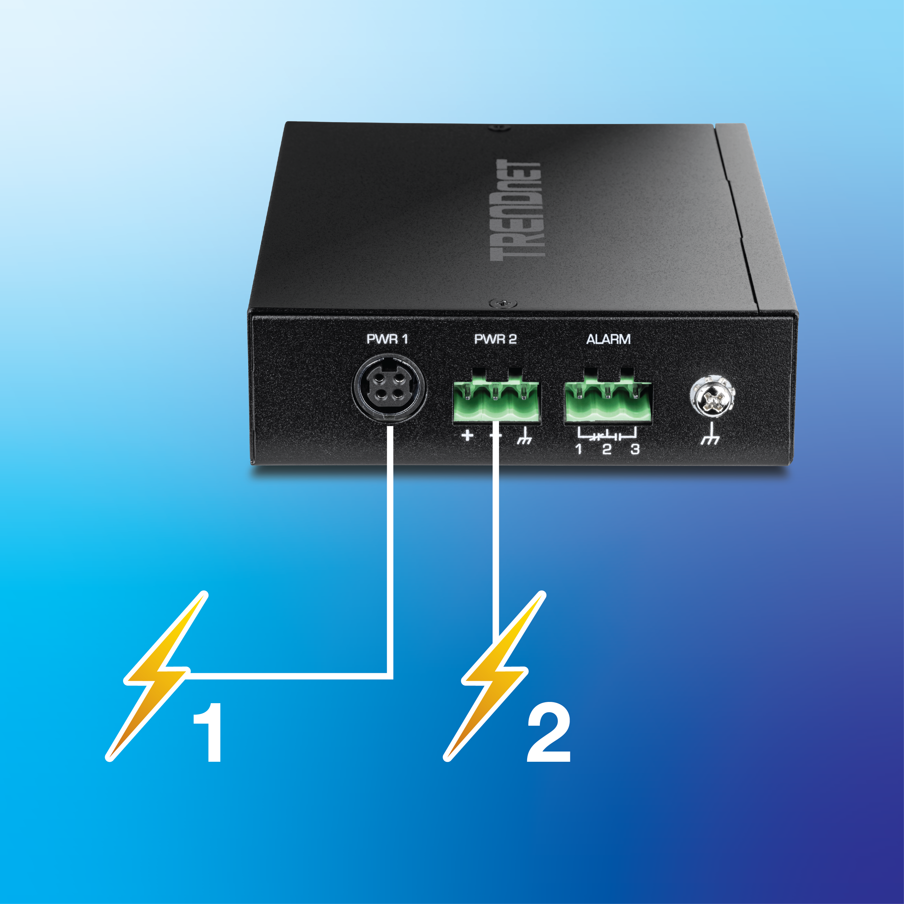 Ein DIN-Rail Switch mit Eingangsstromanschlüssen mit der Bezeichnung PWR1 und PWR2, die jeweils mit einem Blitzsymbol gekennzeichnet sind. Eine zusätzliche Verbindung mit der Bezeichnung ALARM ist ebenfalls vorhanden.