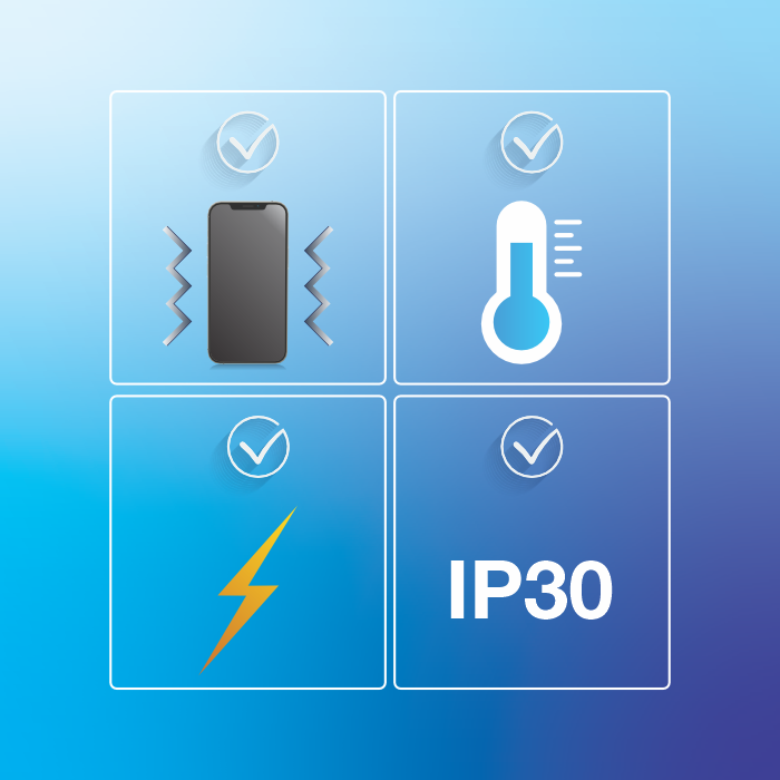 ícones de telefone, temperatura, relâmpago e IP30.