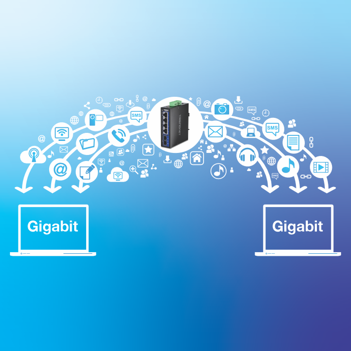 Network device facilitating gigabit data transfer between two laptops, with icons representing various data types like email, music, and video.