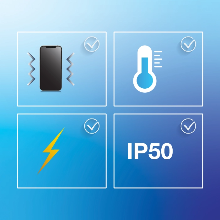 icons of phone, temperature, lightning & IP50.