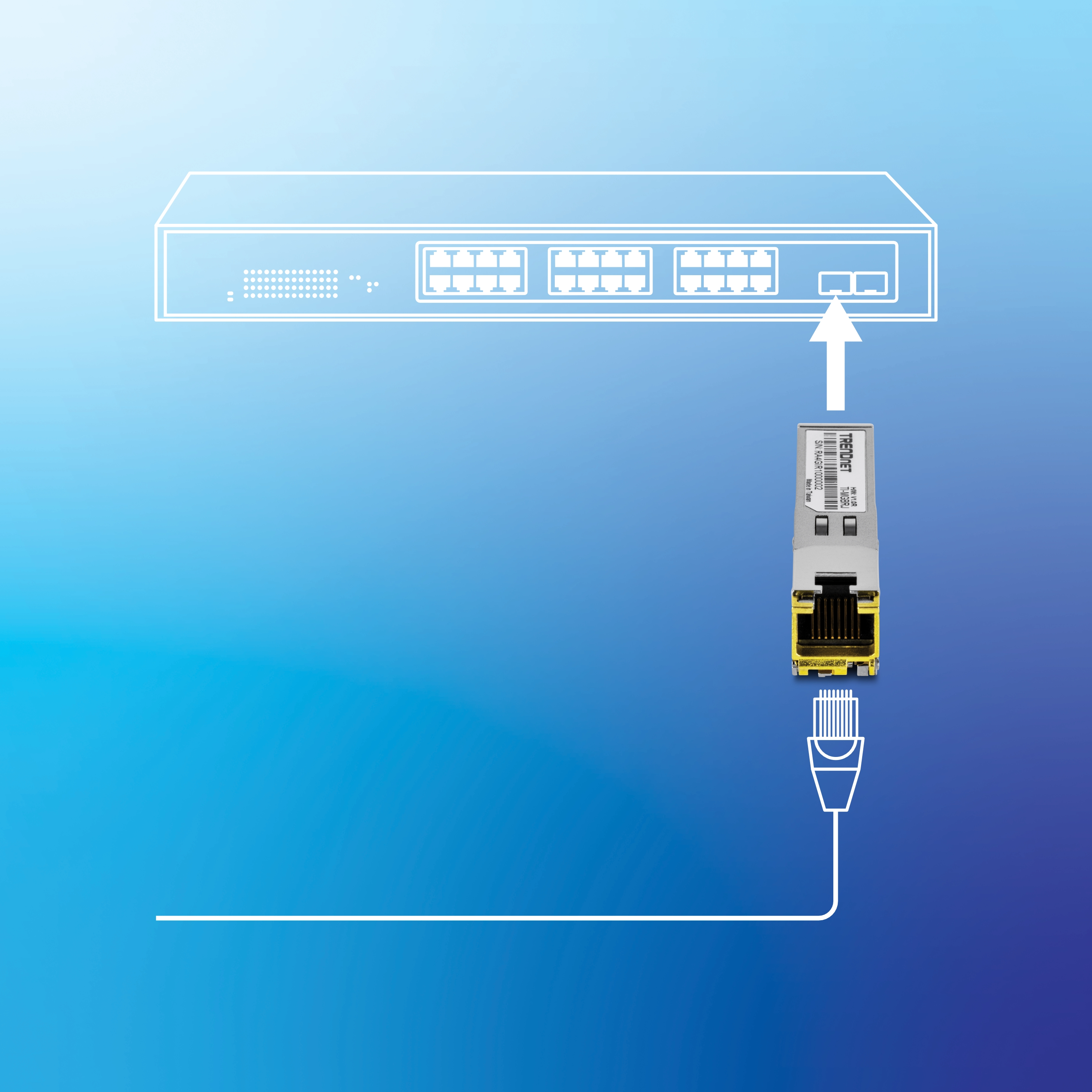 Un conmutador de red se representa con varios puertos y un puerto resaltado se muestra con una flecha apuntando hacia él. Debajo del interruptor, hay una vista en primer plano de un módulo TRENDnet TEG-MGBSX Mini-GBIC, que está conectado a un cable Ethernet.