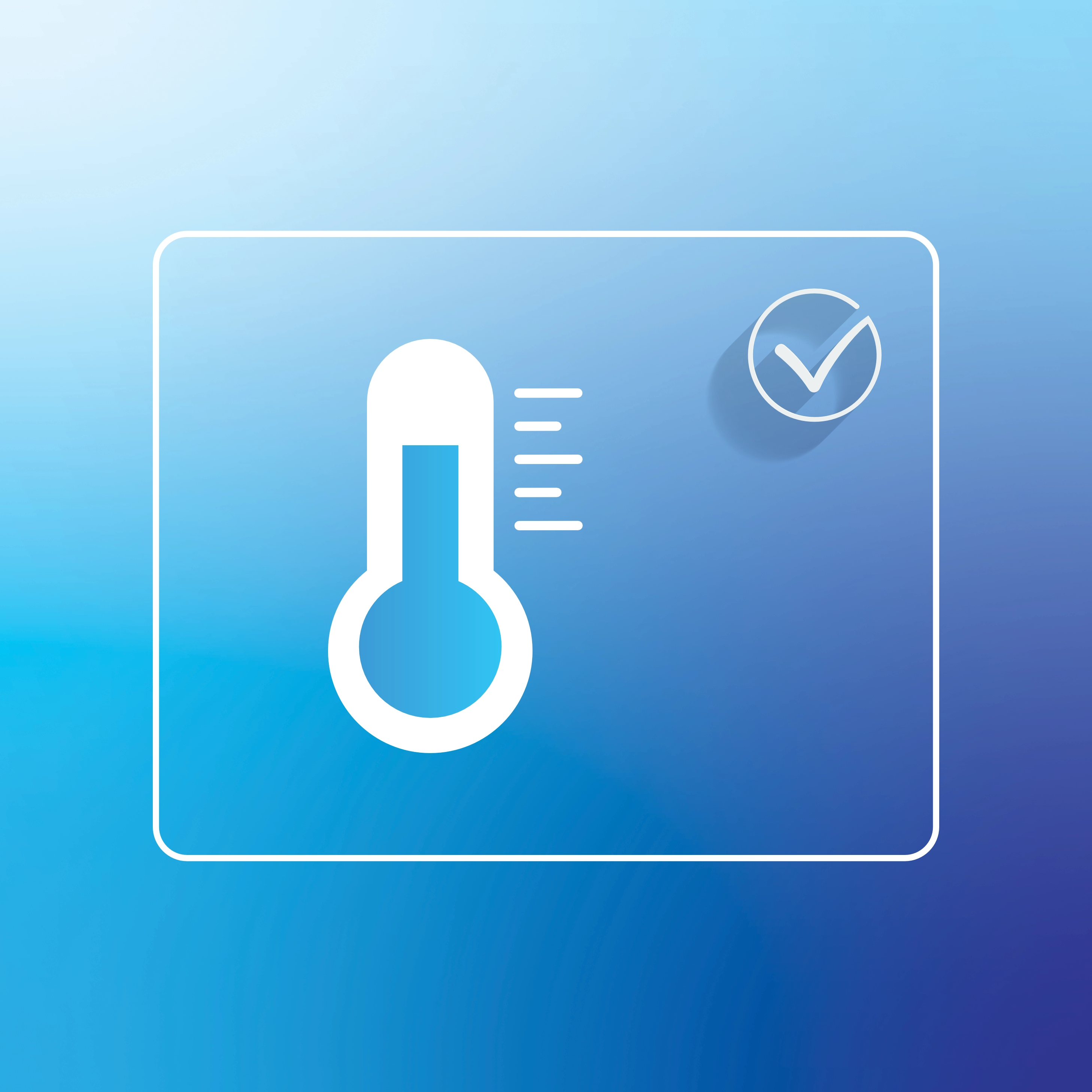 The graphic features a white outlined rectangle in the center. Inside the rectangle, there is a white thermometer icon with a blue fill indicating a certain level. To the right of the thermometer, there are three horizontal white lines. In the top right corner of the rectangle, there is a white checkmark inside a white circle.