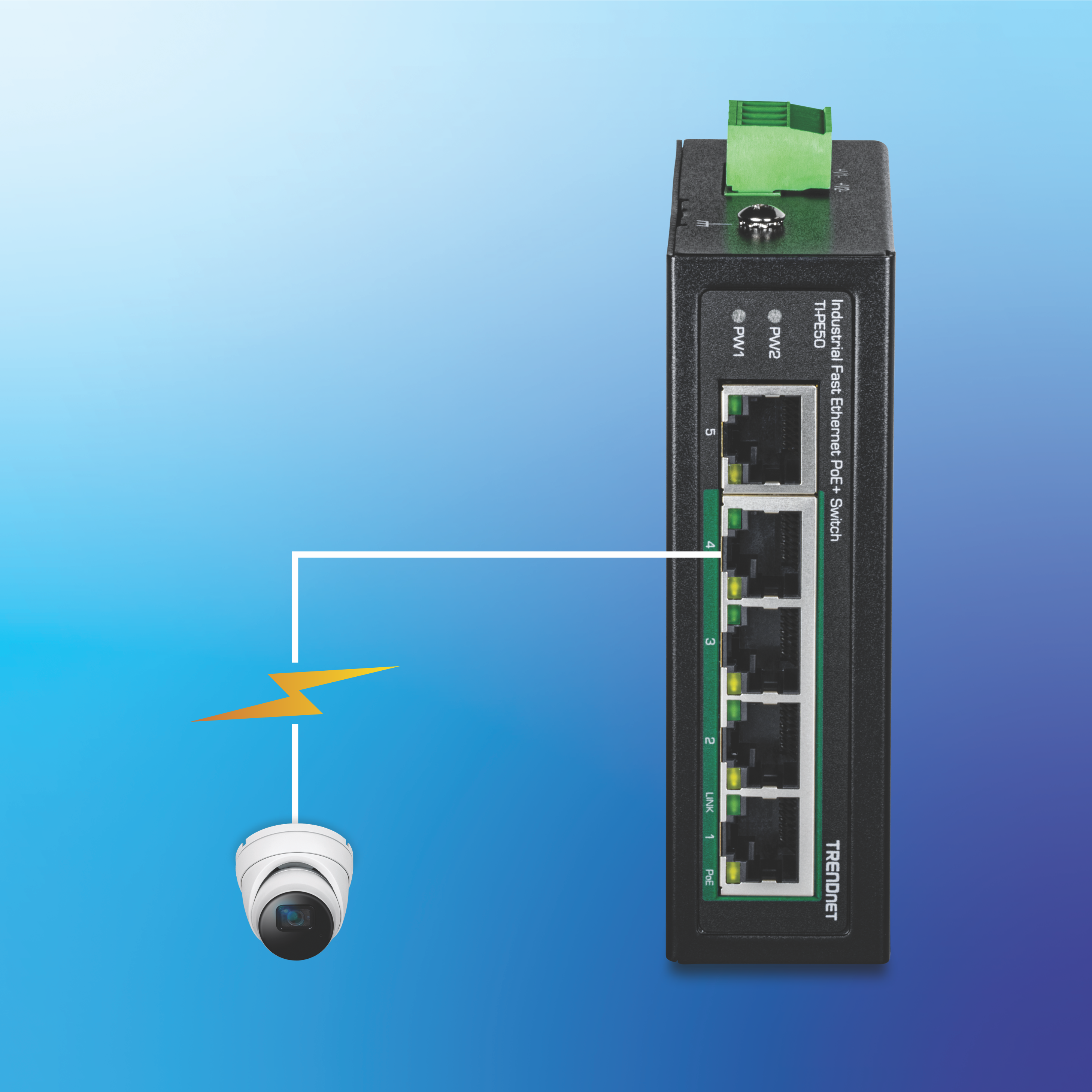 Uno switch industriale Fast Ethernet PoE+ nero con cinque porte Ethernet e una morsettiera verde sulla parte superiore, etichettato TRENDnet. Una telecamera di sicurezza bianca collegata a una porta Ethernet tramite una linea bianca con un fulmine giallo, che indica la funzionalità PoE+.