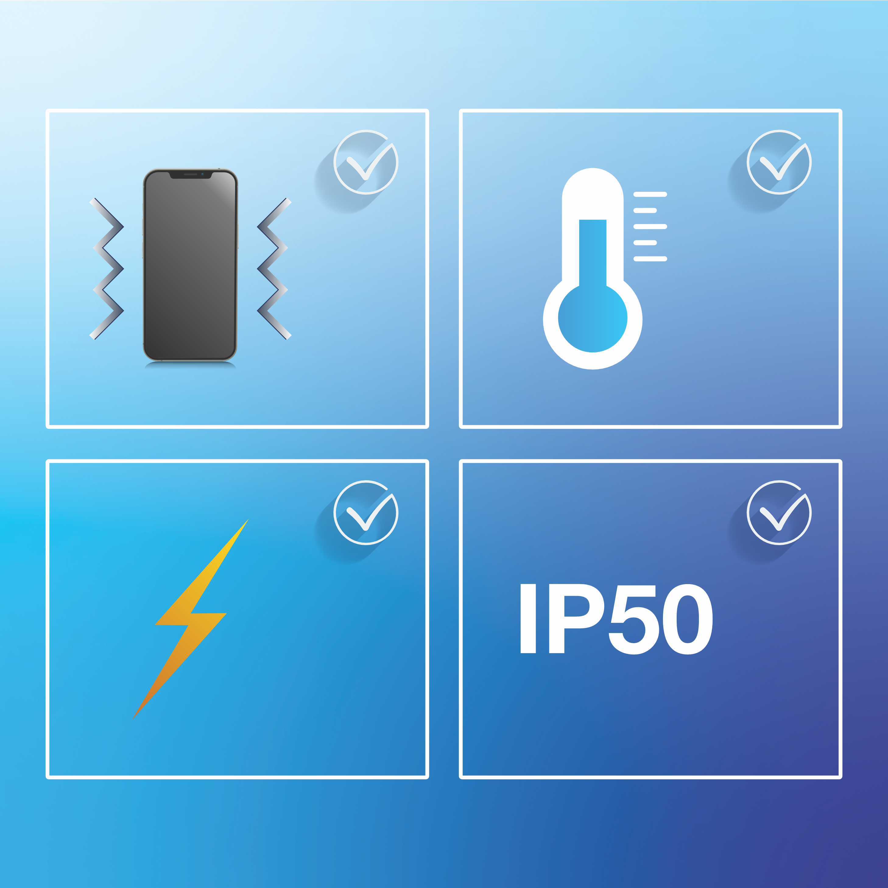 The image displays icons representing vibration, temperature, and electrical resistance, and ingress protection with checkmarks indicating approval. The background is a blue gradient.