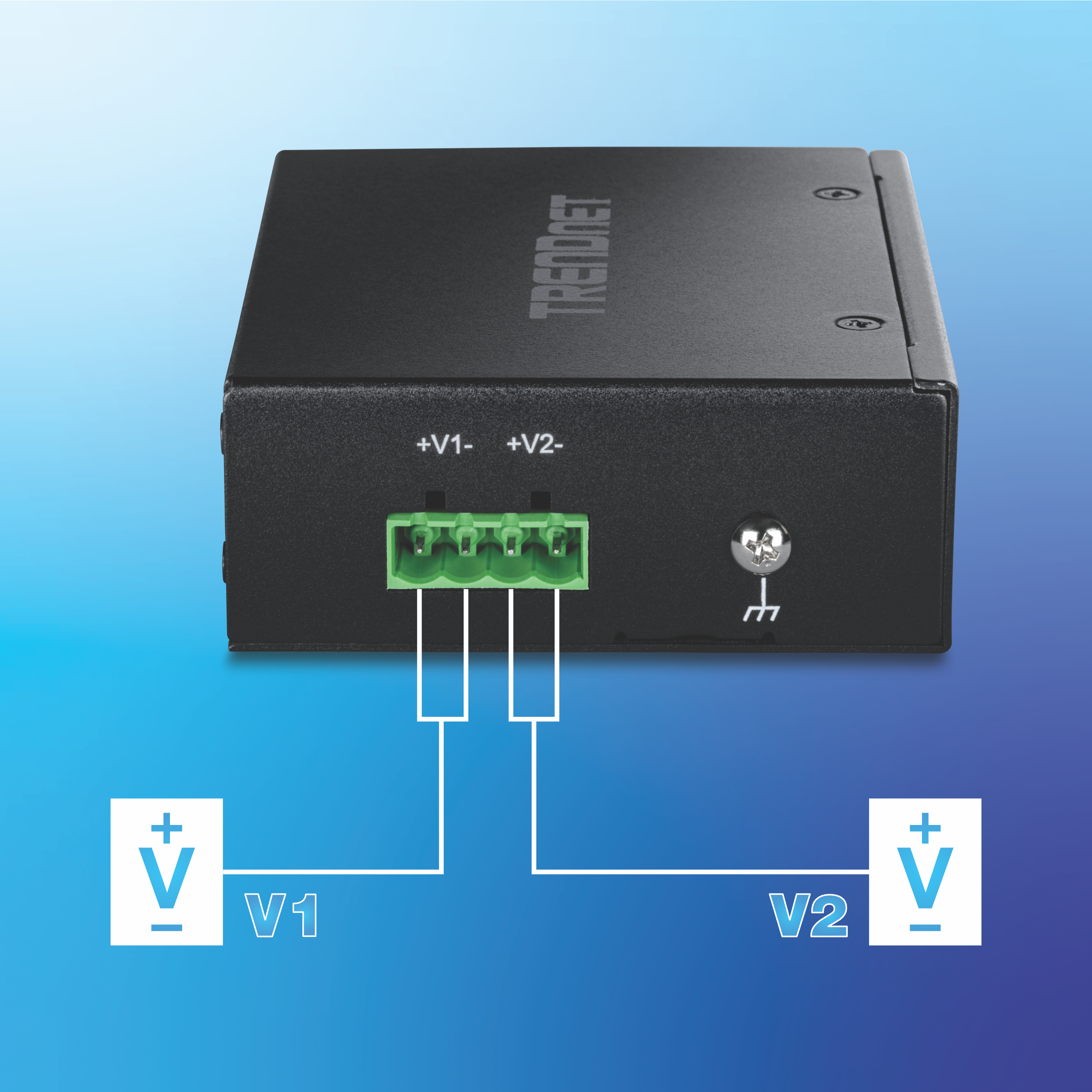 A black TRENDnet device with a green terminal block connector labeled +V1-, +V1-, +V2-, and +V2-. Two voltage symbols are shown below the terminal block, connected to V1 and V2. The background is a gradient of light blue to dark blue.