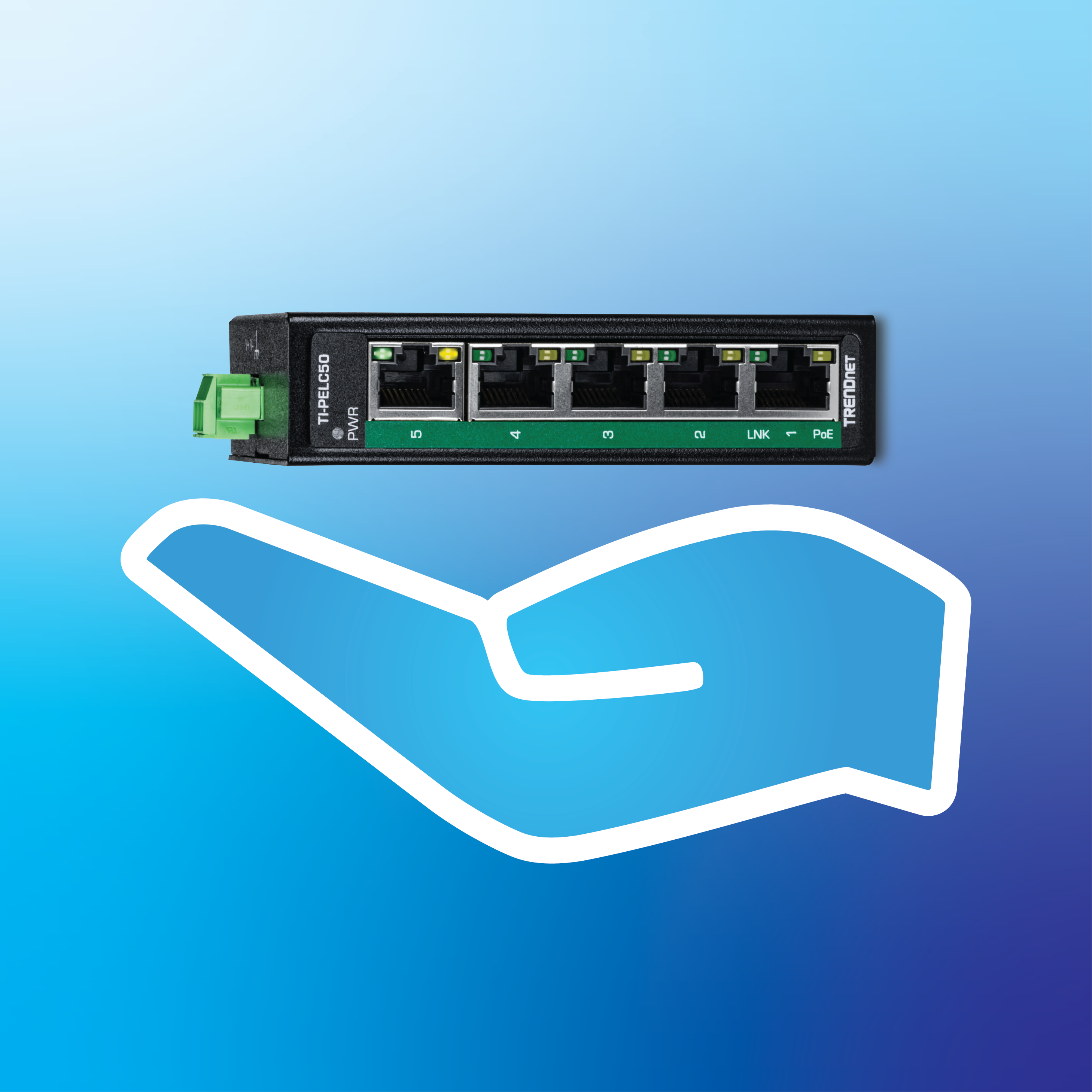 A hand with 5-port Ethernet switch above it emphasizing the small size.