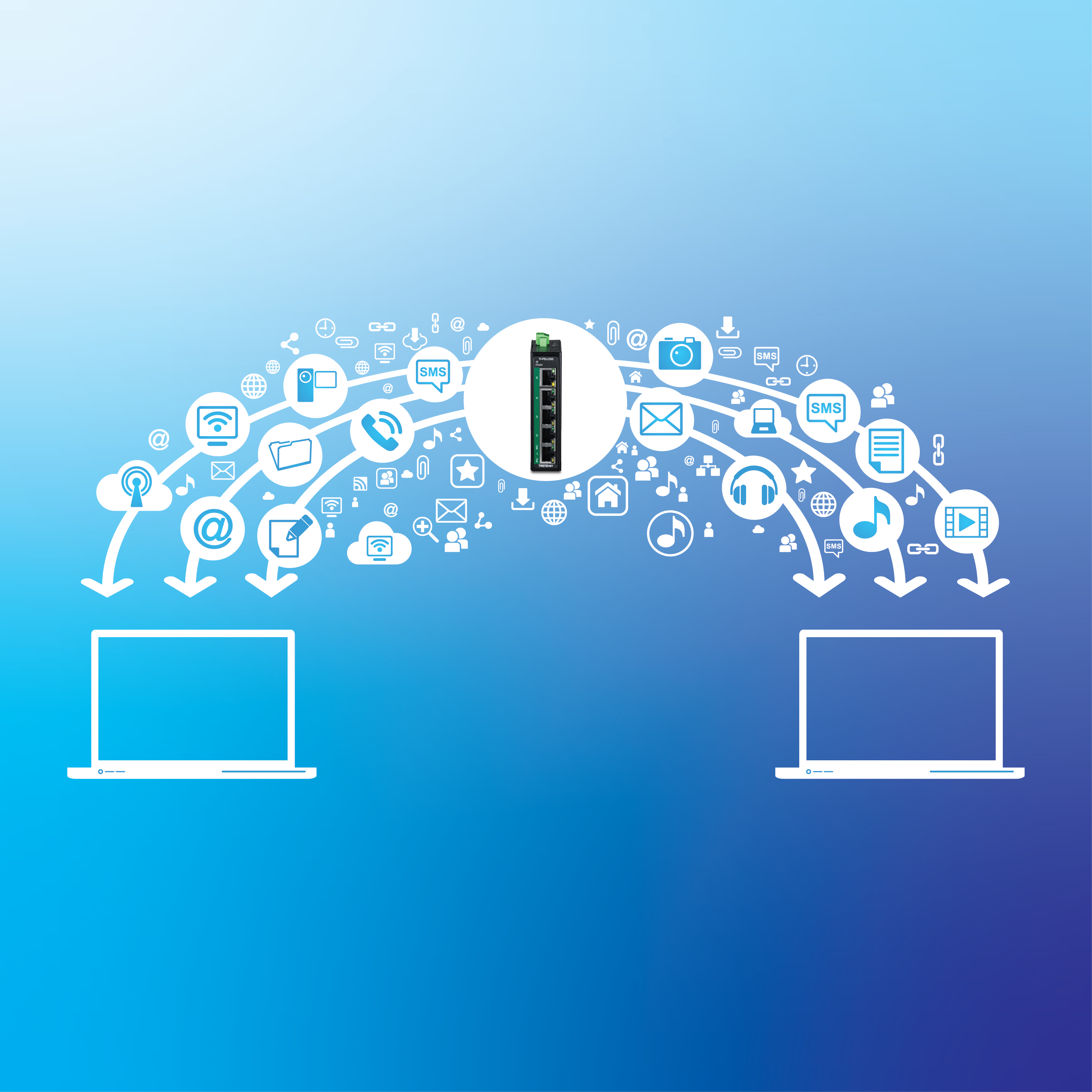 Dispositivo de red que facilita la transferencia de datos gigabit entre dos computadoras portátiles, con íconos que representan varios tipos de datos como correo electrónico, música y video.