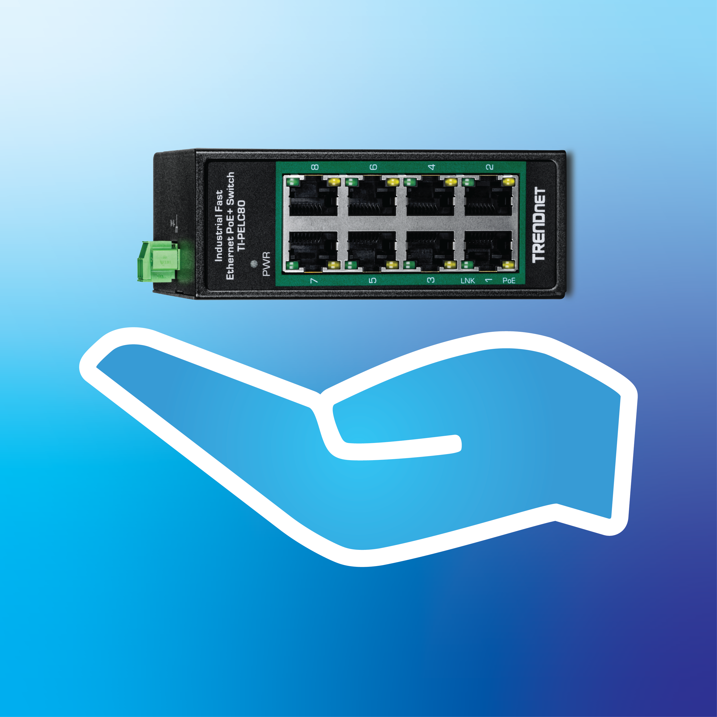 A hand with 8-port Ethernet switch above it emphasizing the small size.