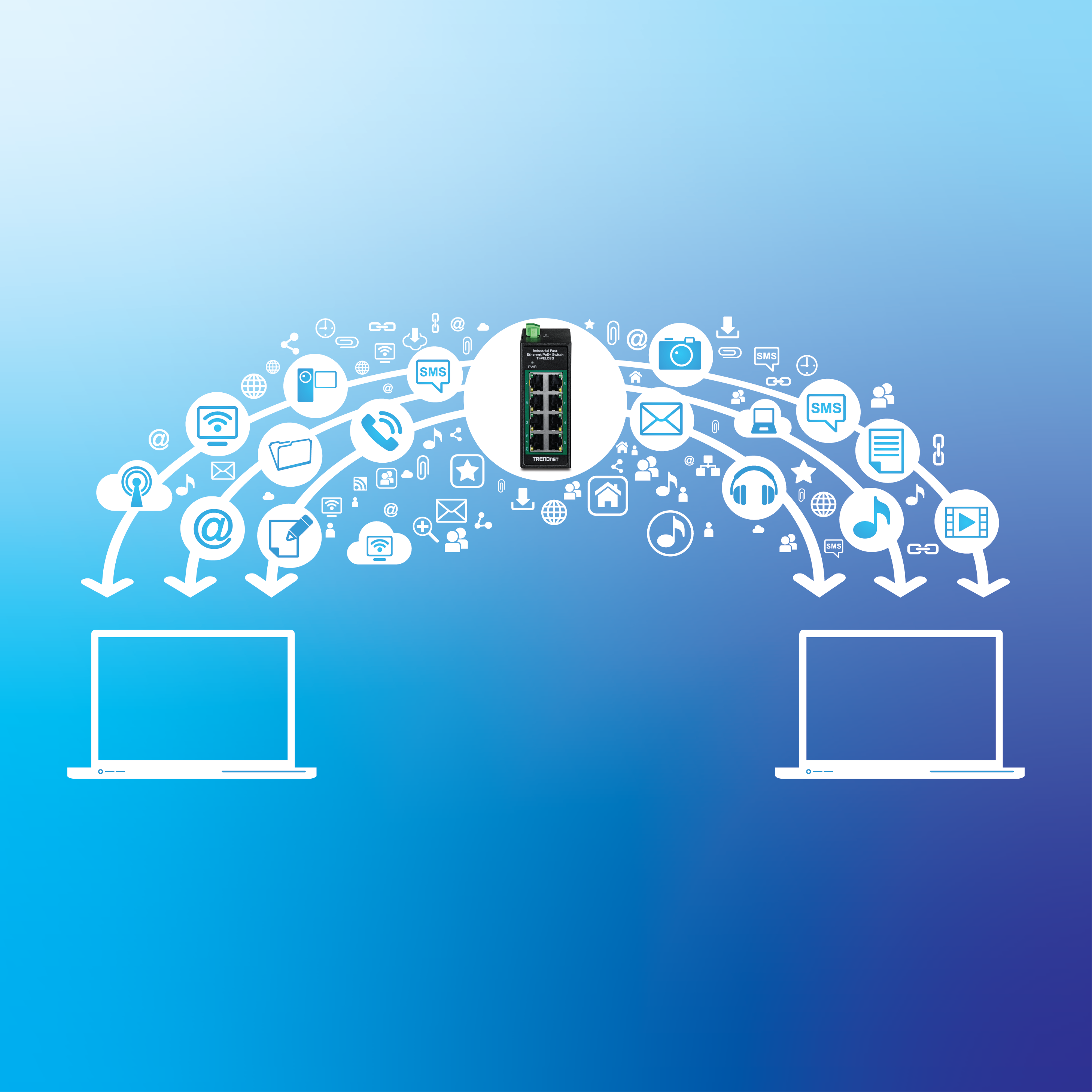 Network device facilitating fast data transfer between two laptops, with icons representing various data types like email, music, and video.