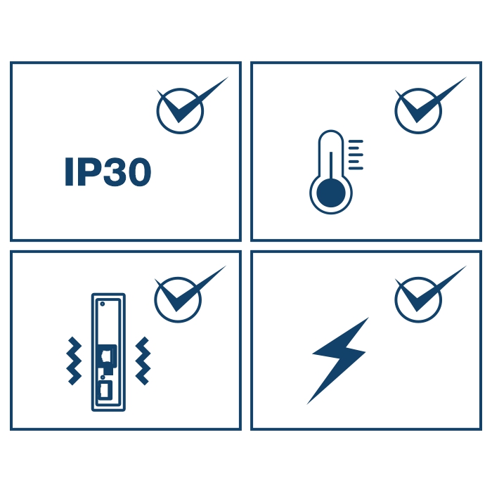 Graphic with four icons: vibration, temperature, shock, and IP30 rating.